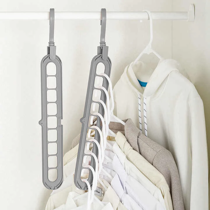 Grey Smart Hanger Proโข shown empty and full, demonstrating the 9-slot design and its capacity to hold multiple shirts and hoodies vertically.