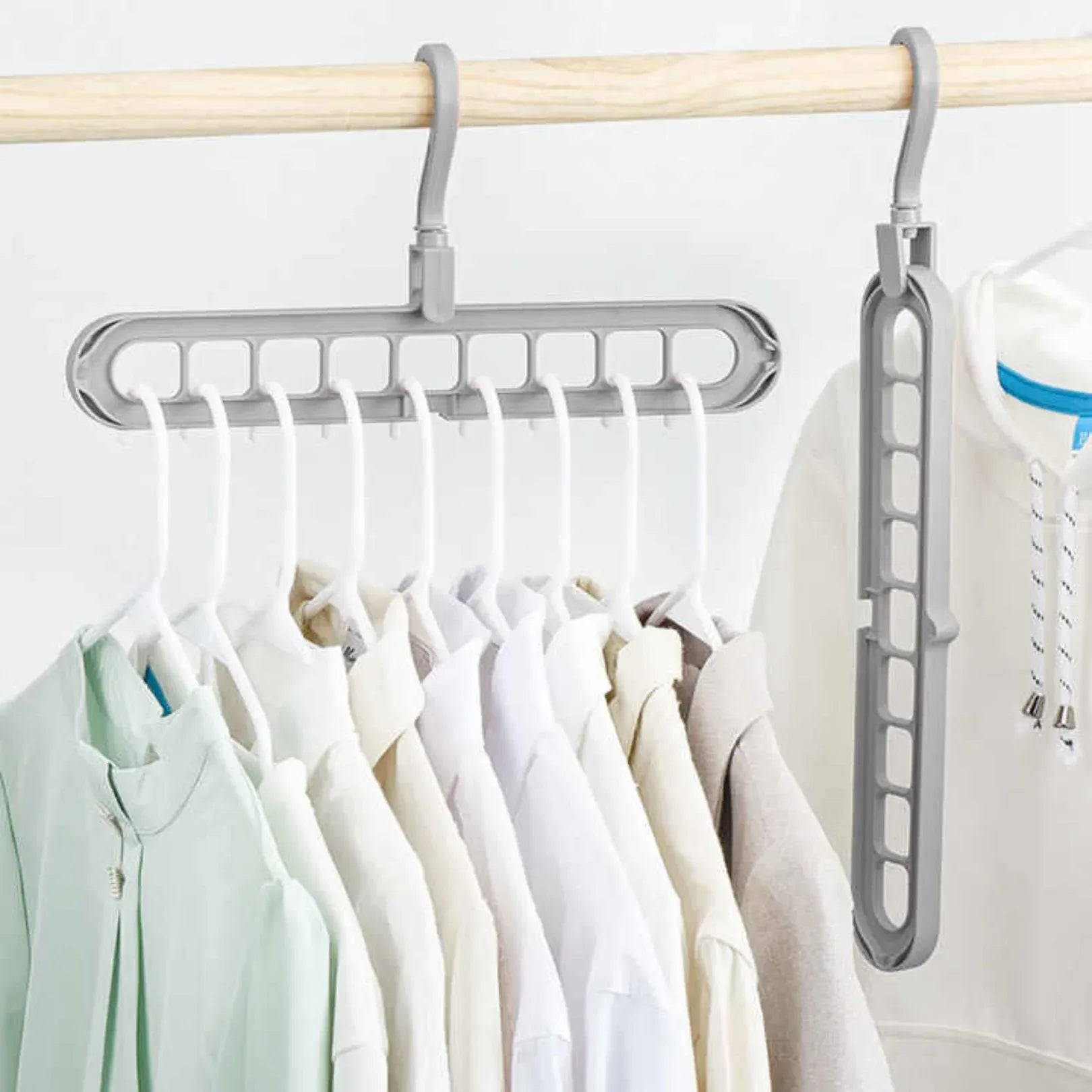 Smart Hanger Pro™ organizing multiple shirts horizontally in a closet, with a second 9-in-1 space-saving hanger shown vertically, maximizing wardrobe space.